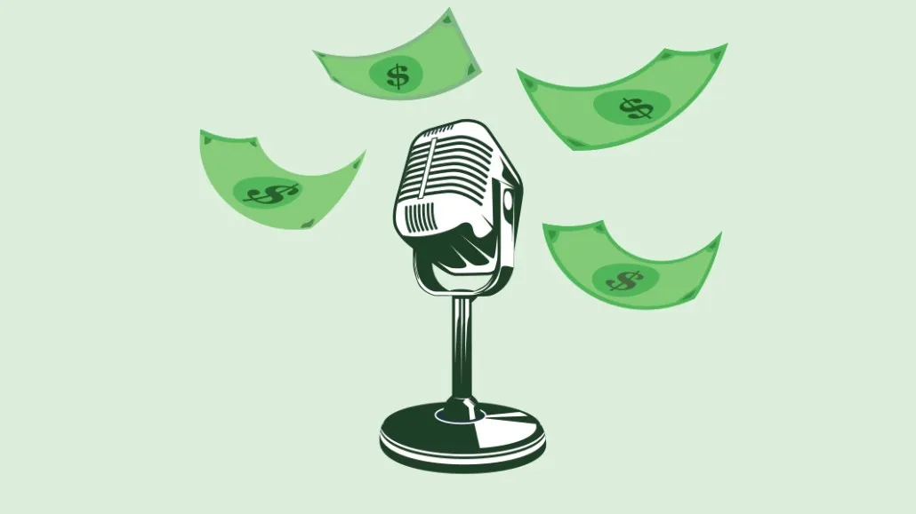 An illustration of an old fashion microphone. Four green dollars fall around it.