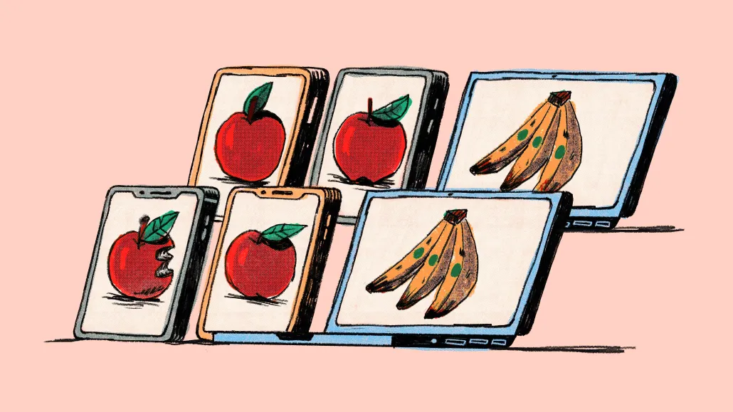 an illustration of mobile phones and tablets on which are pictures of single apples or bunches of bananas