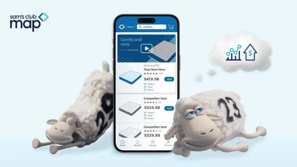 An illustration of a phone on which the Sam' Club app can be seen showing mattresses. On each side of the phone is a cartoon sheep. One is stretching while the other is aslepp with a dream through bubble rising out of their head. In this bubble is a rising bar chart and a home graphic