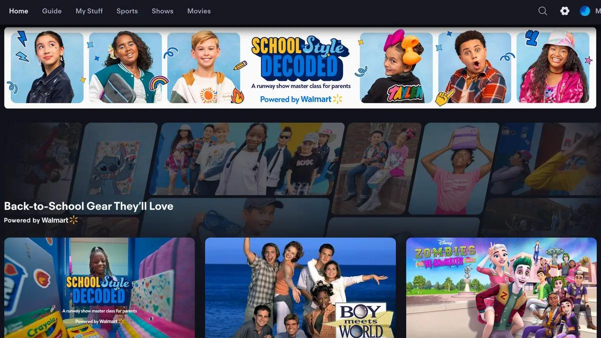 On a TV screen, a walmart back to school promotion is visible on the menu page of a streaming service