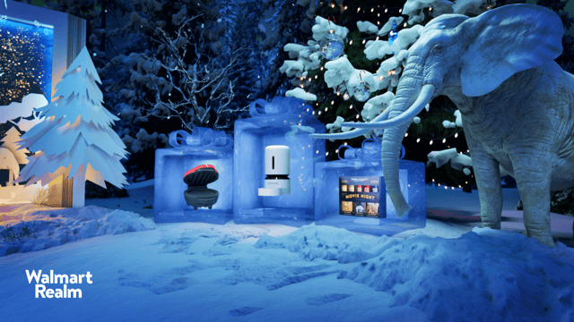 A computer generated image of a snowy scene in which and elephant can be seen and products are held in boxes made of snow.