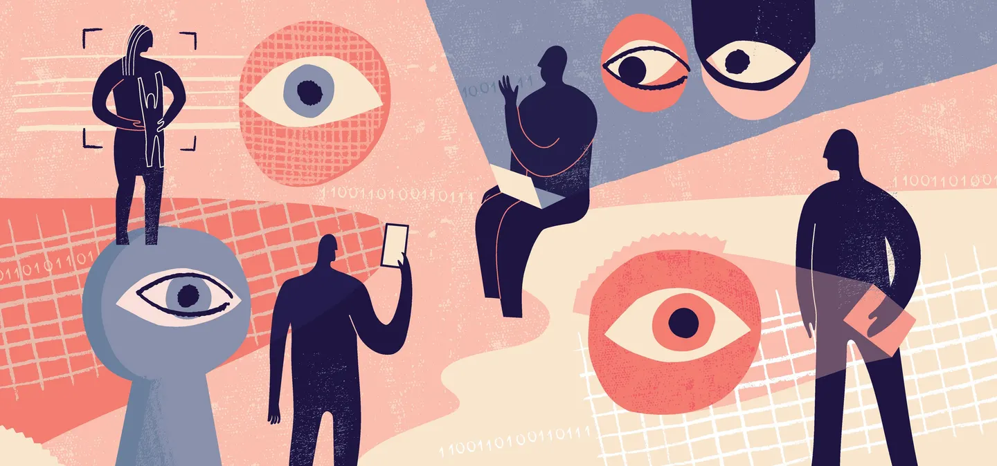 A mid-century style illustration of figures holding technology such as phones or laptops and large eyeballs looking at them