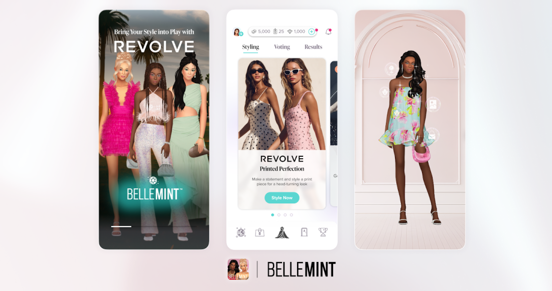 three screen grabs of the Bellemint app. two show an illustrated model and one showing an advert featuring real models.