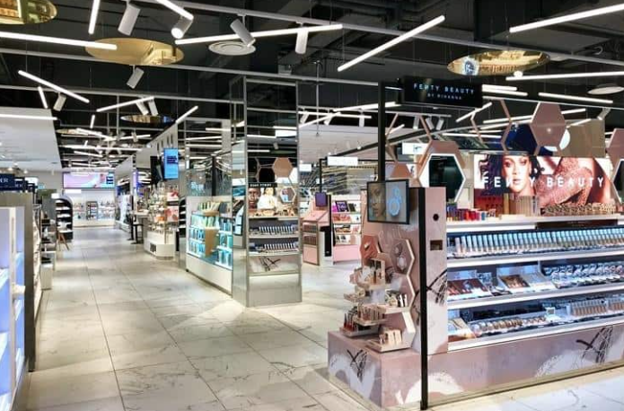 A photo of the inside of a cosmetics store - make up displays are vsisible