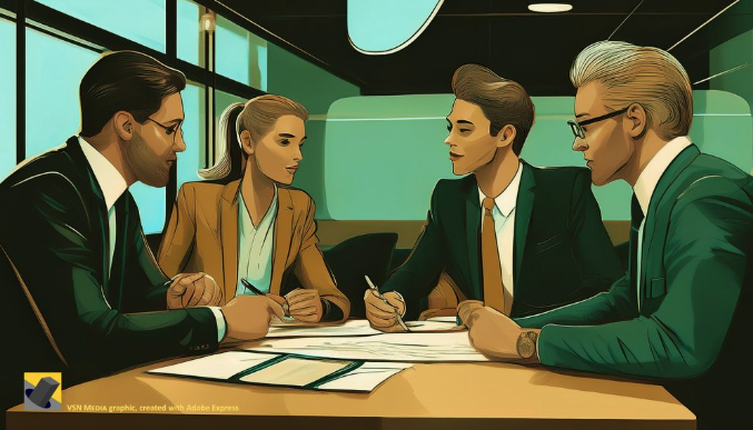 an illustration of 4 serious looking business people around a table. there are papers on the table.