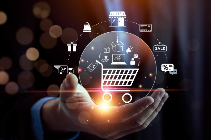 An image of a hand facing palm up with a graphic of a shopping trolly floating above it with other retail-related icons around that