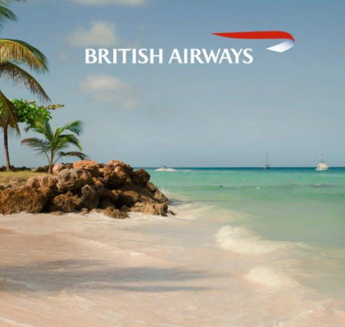 A photo of a tropical beach. The british airways logo is visible across the the image.
