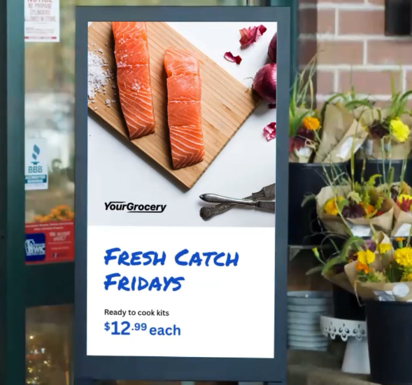 An image of digital screen advertising salmon outside of a store