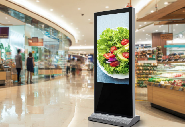 What looks like an AI image of a digital screen in a grocery store. On the screen an image of the salad can be seen.