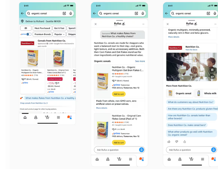 images of amazon pages that show a customer query followed up by product suggestions.