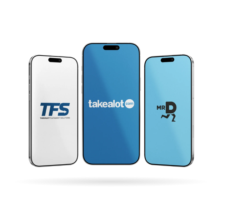 An image of three cell phones. Each has a logo from the takealot group: TFS, takealot and MrD.