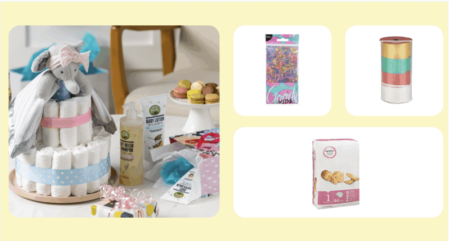 A yellow graphic featuring photos of party planning essentials.