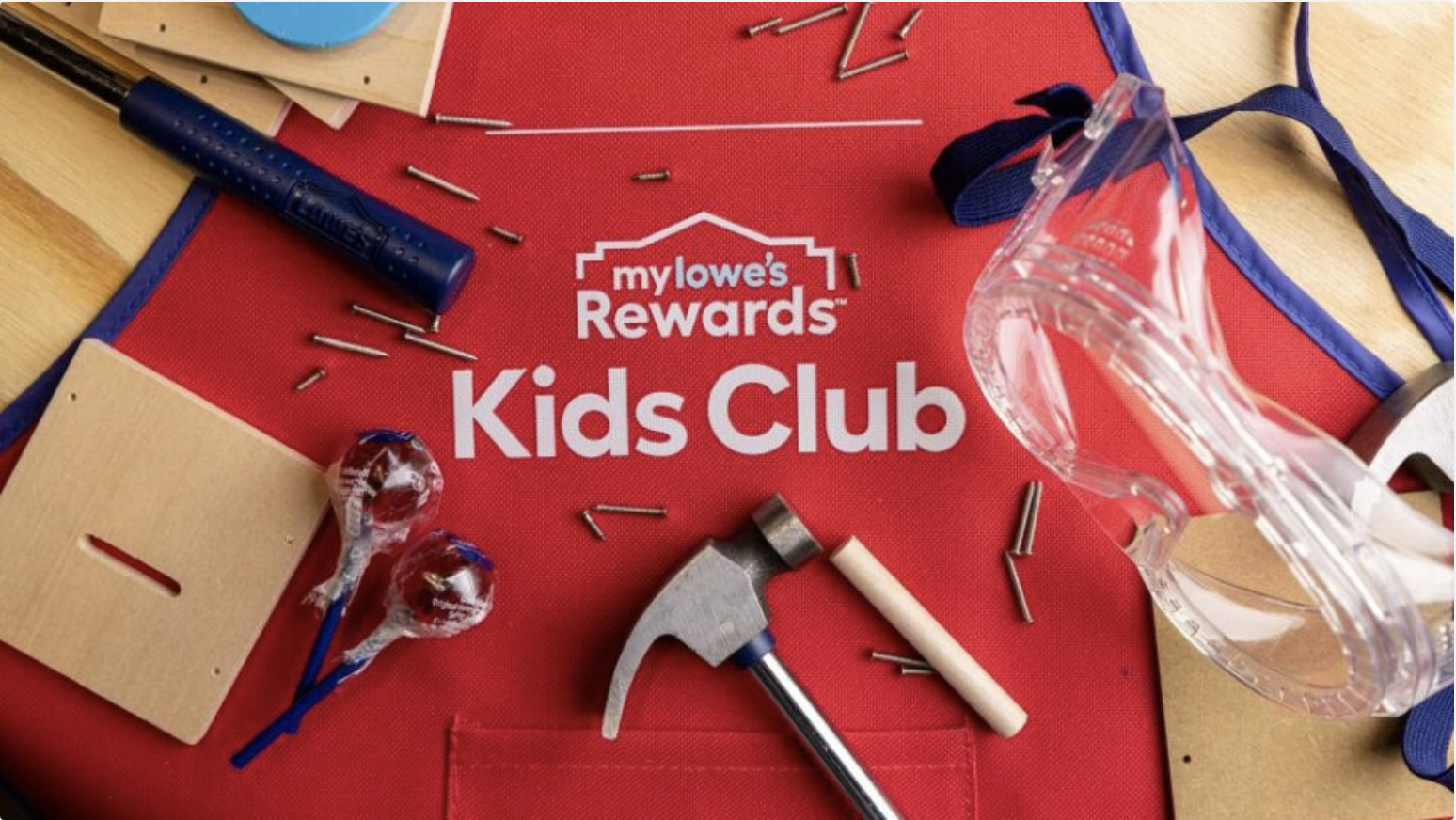 A red background with building supplies such as hammer and nails.