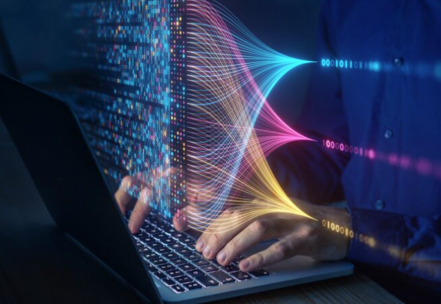 an image of hands on a keyboard with colored strands overlayed as well as computer code to convey data